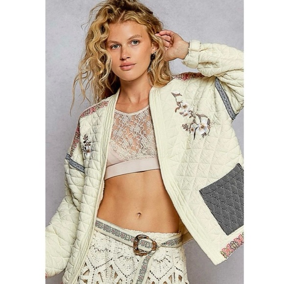 POL Jackets & Blazers - NEW POL Cream Quilted Embroidered Jacket Boho Cottagecore Floral Size Large